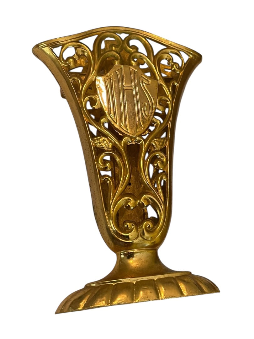 Goldtone Crucifix Vase Decor Scrolled Open 5.5"h