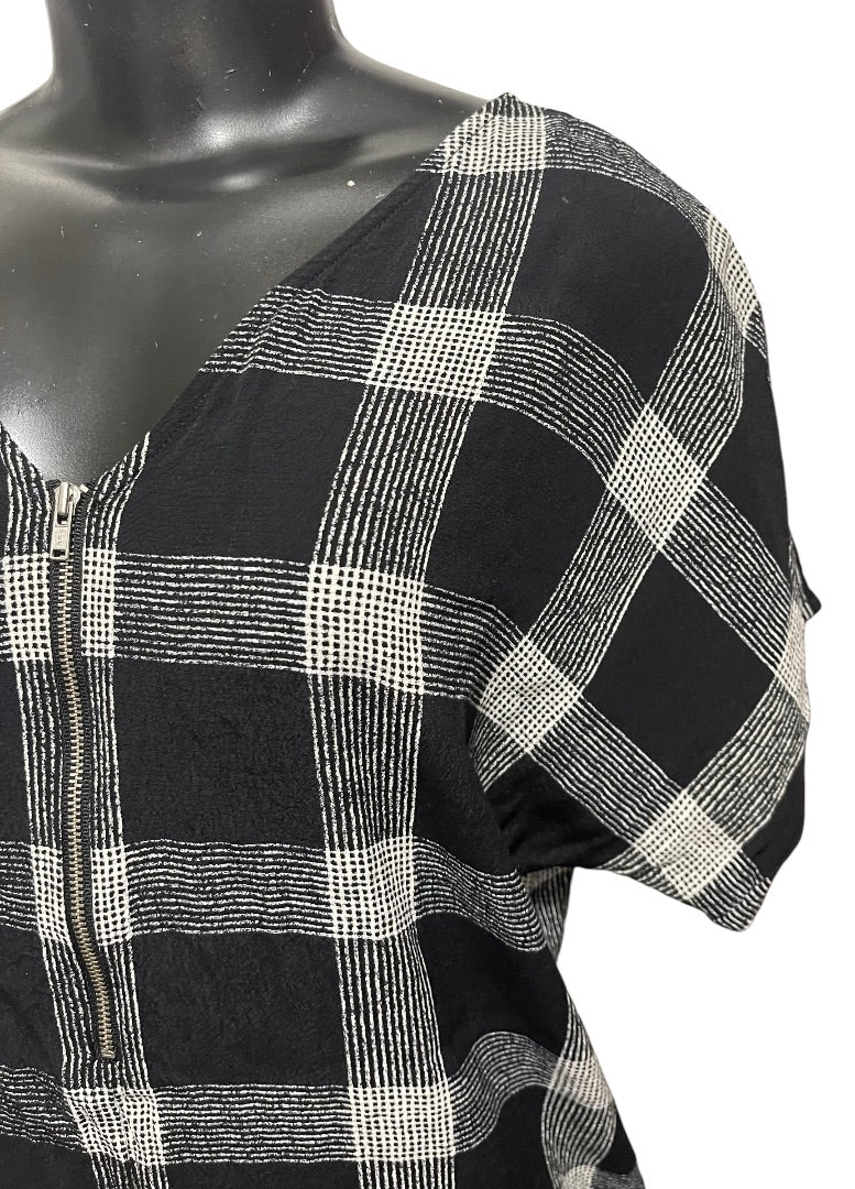 XS Madewell V-Neck Shift Dress Oversize Black White Plaid Lightweight