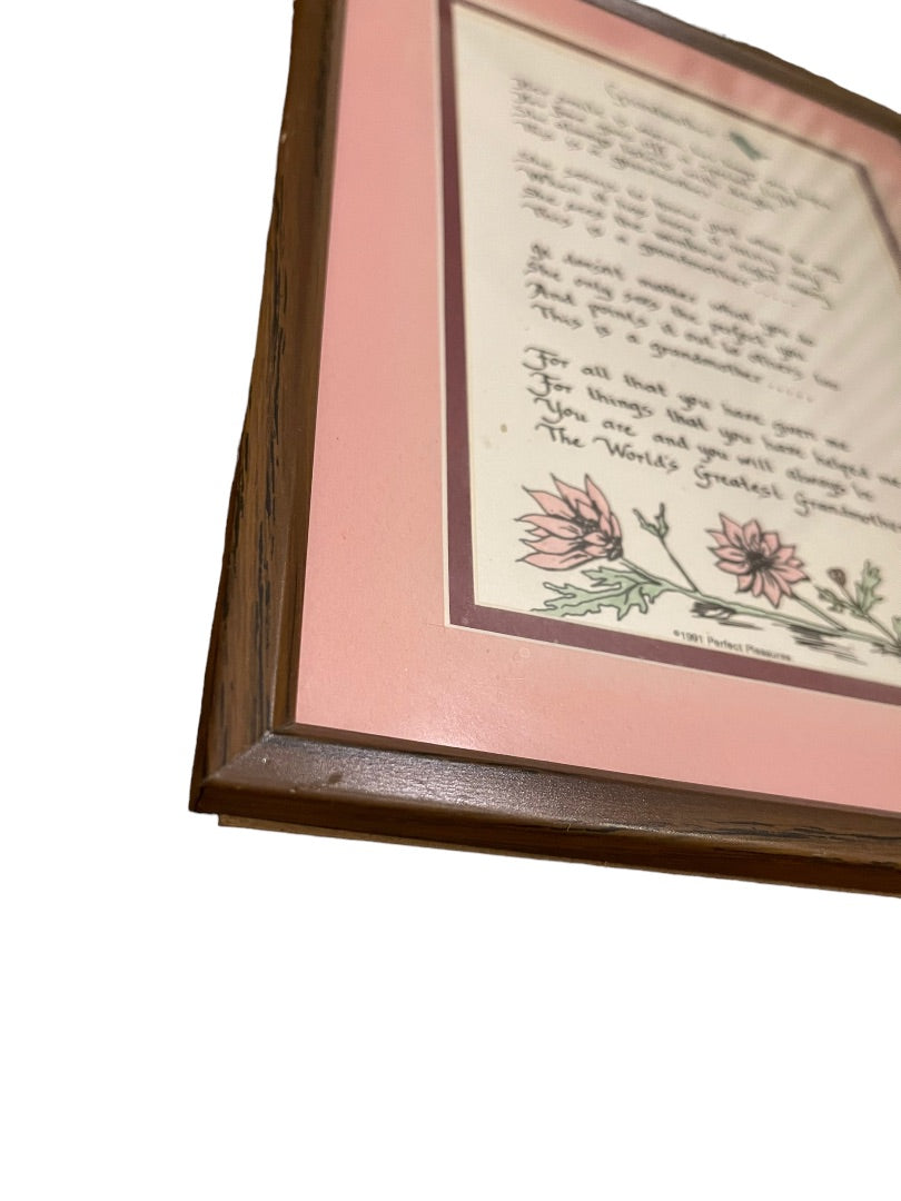 Grandmother Framed Matted Poem Pink Wall Hanging or Freestanding