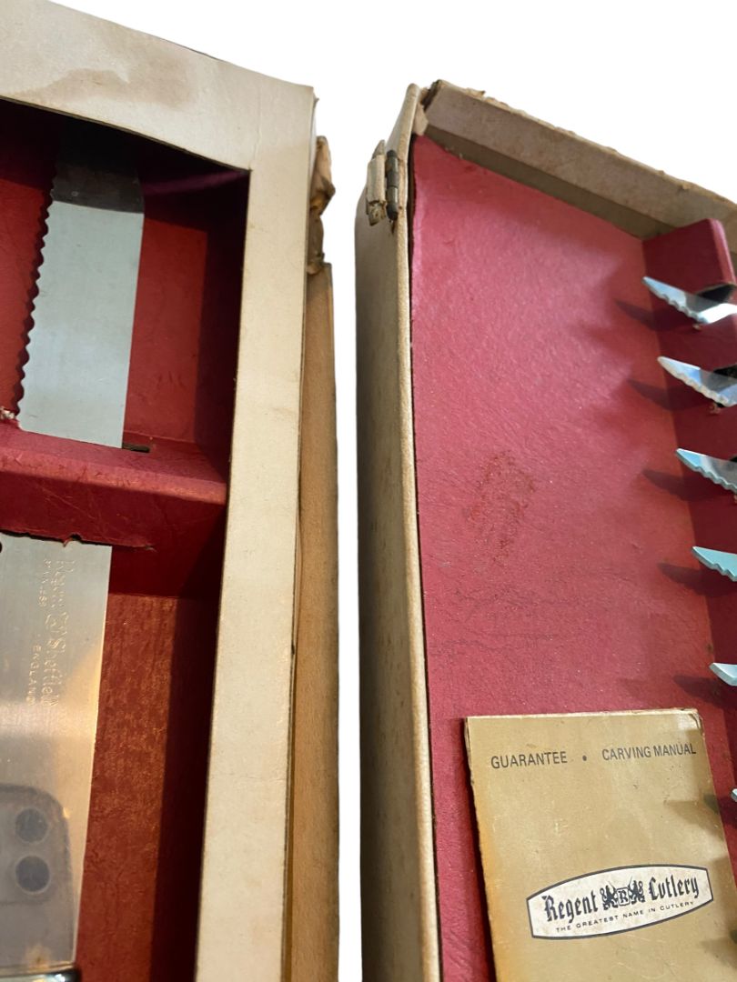 Regent Sheffield Stainless Steel England Complete Steak Knives & Serving Set Vintage