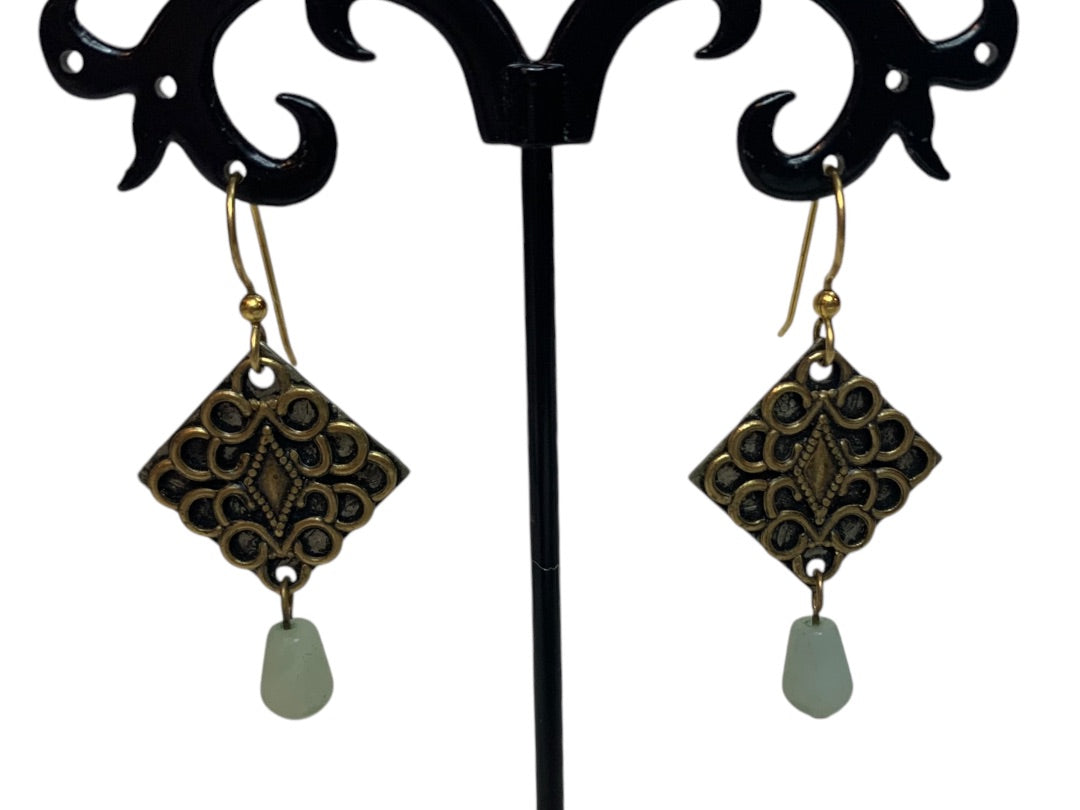 Vintage Antiqued Goldtone Hook Pierced Earrings Green Glass 2.7" Drop Dangle