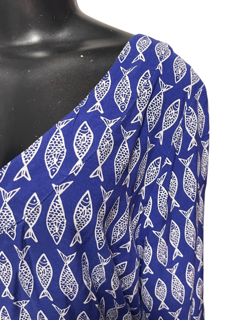 XL West Indies Womens Fish Print Pullover Blouse Shirt Bottom Drawstring
