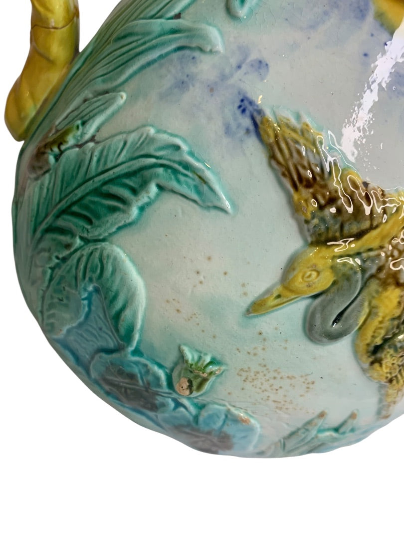 Antique Majolica Pitcher Heron 8 Inch Vibrant Color 1880s Marked