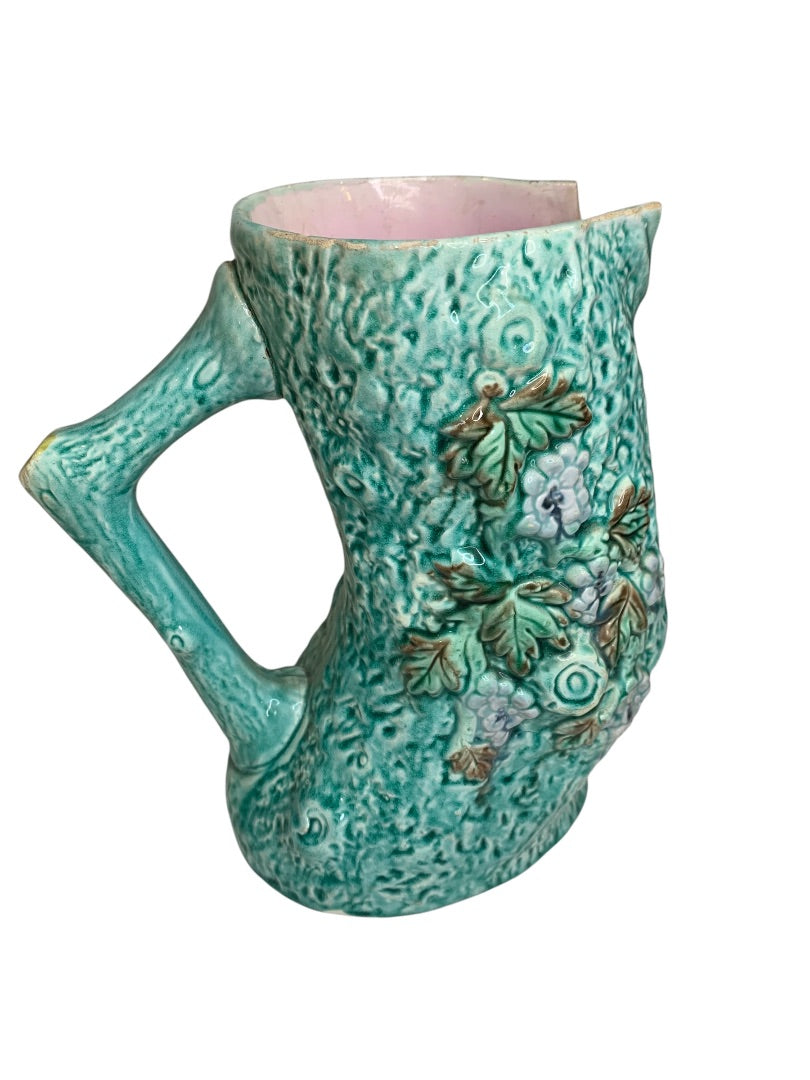 Antique Majolica Turquoise Adirondak Tree Trunk Pitcher Missing Spout