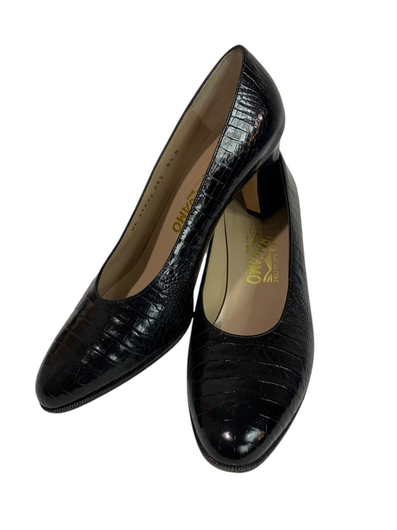 Size 8.5 Salvatore Ferragamo Womens Pumps Nilla Black Croc