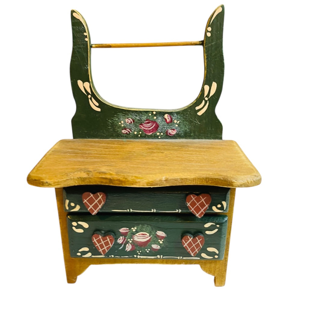1980s Miniature Dollhouse Wash Basin Stand Rosemaling Hunter Green 6.75 Inch