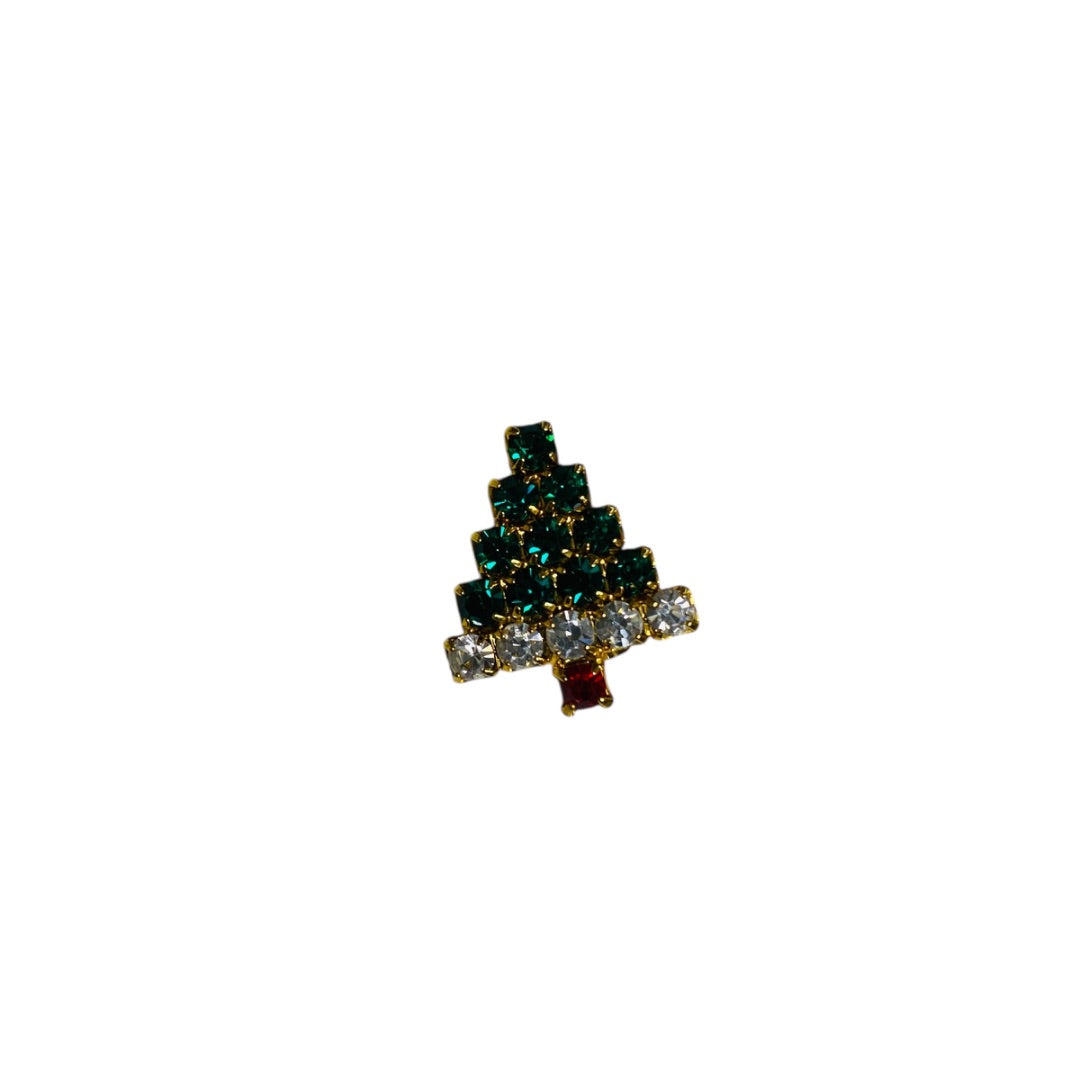 Goldtone Rhinestone Small Christmas Tree Brooch .5 Inch Red Green Vintage