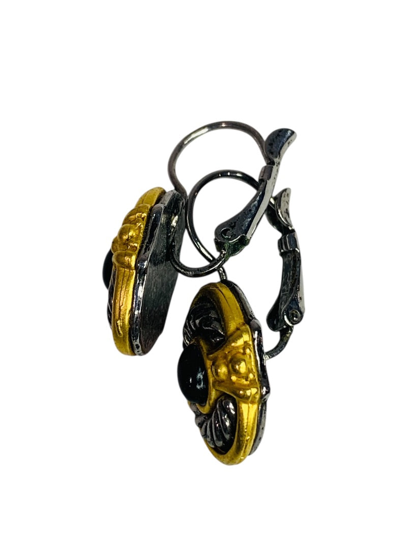 Mixed Metal Goldtone Pewter Leverback Earrings Pierced 1.2 Inch Drop