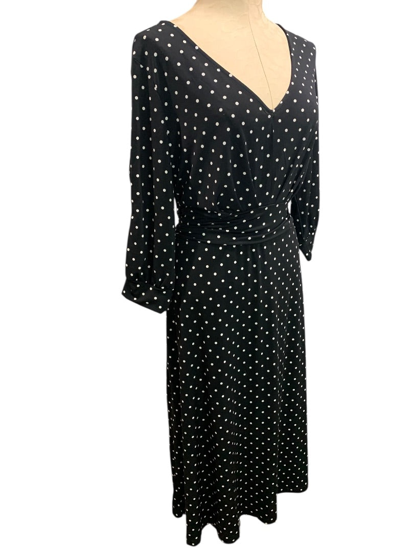 Size 14W Jessica London Stretch Dress Long Black Polka Dot Split Sleeve