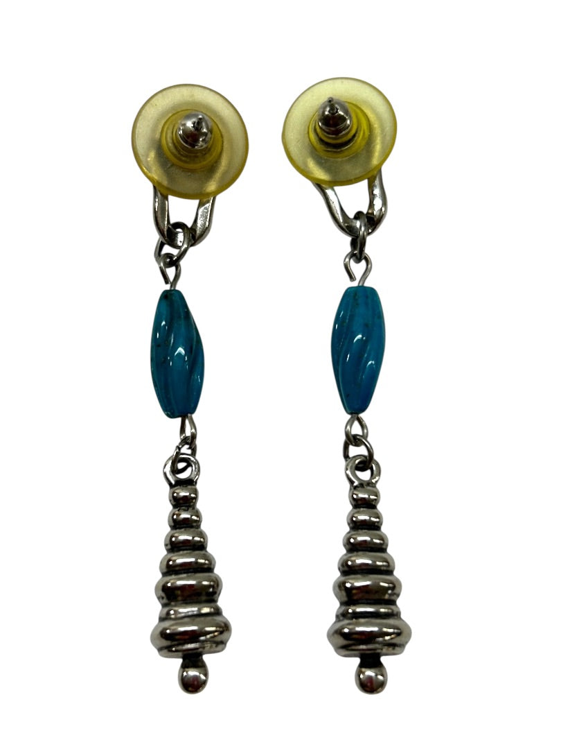 Silvertone Faux Turquoise Pierced Earrings 2.5 Inch Drop Dangle