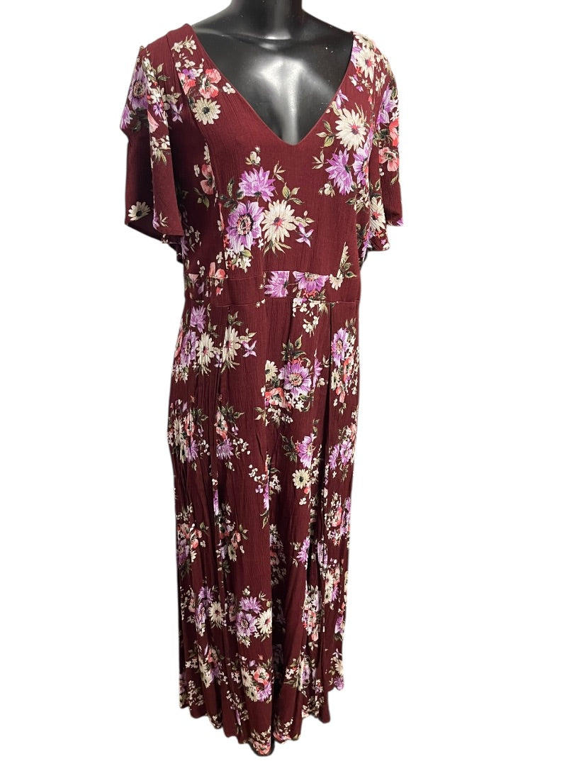 2X Torrid Floral Gauze Maxi Dress V-Neck Tie Back Merlot