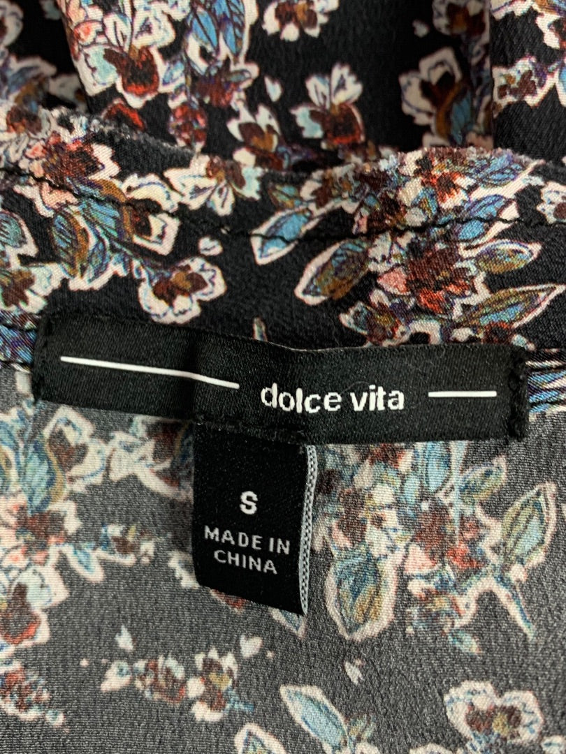 Small Dolce Vita Silk Floral Print Long Sleeve Dress V-Neck Tie Pockets