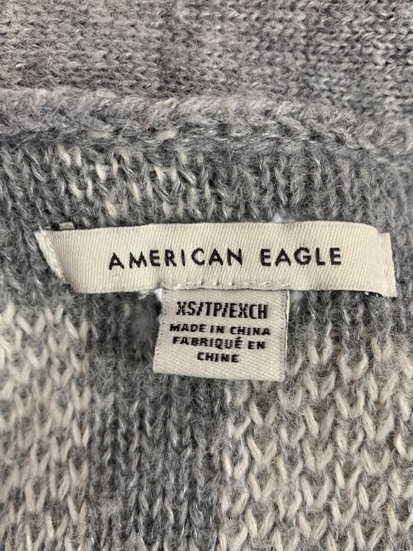 XS American Eagle Womens Open Cardigan Sweater Long Pockets Gray Plaid Wool Blend