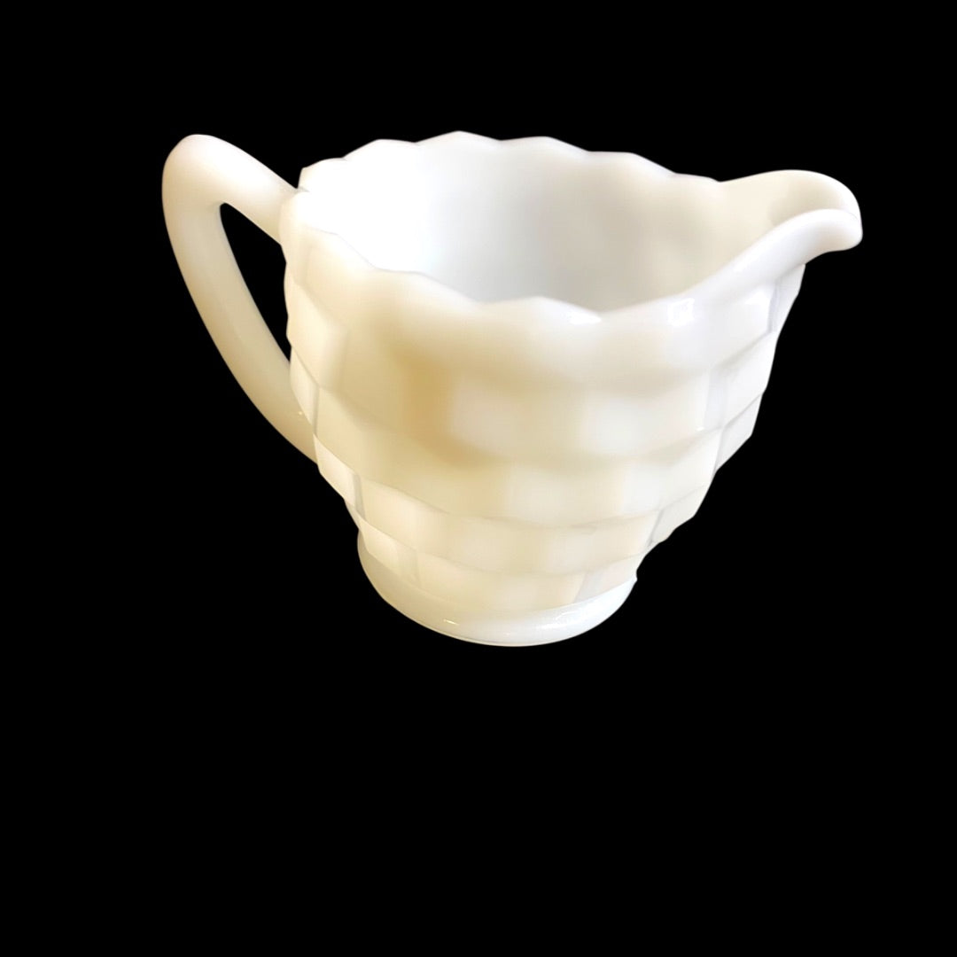 Hazel-Atlas Opaque Milk Glass Creamer with Sticker Starburst Geometric Design