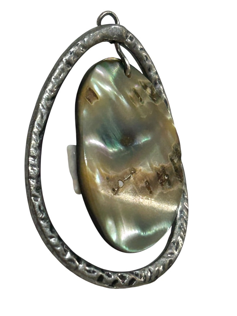Reversible Pendant Mother of Pearl Silvertone Hammered 1.5"