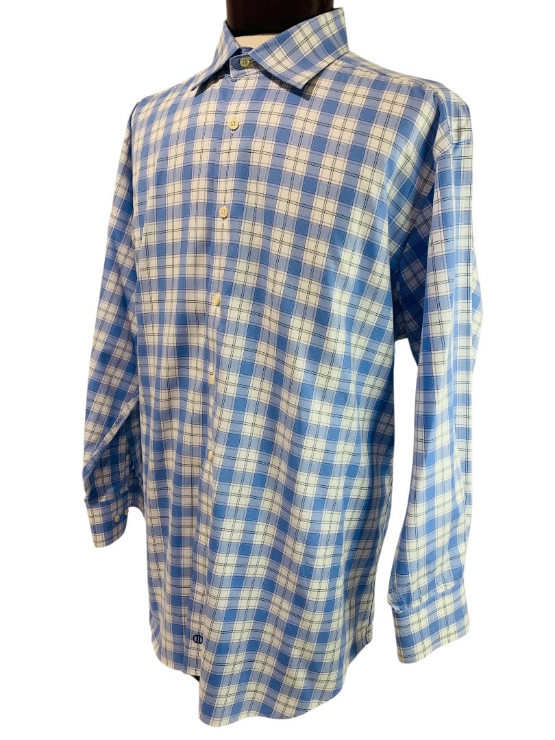 17.5 (32/33) David Donahue Mens Button Up Dress Shirt Plaid Blue
