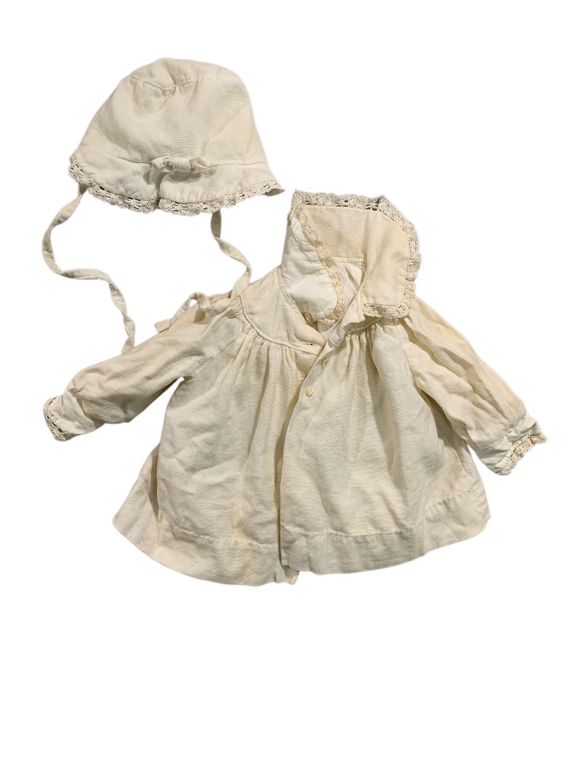 Infant Dress and Bonnet Vintage Breman and Tanner Ivory Lace Trim