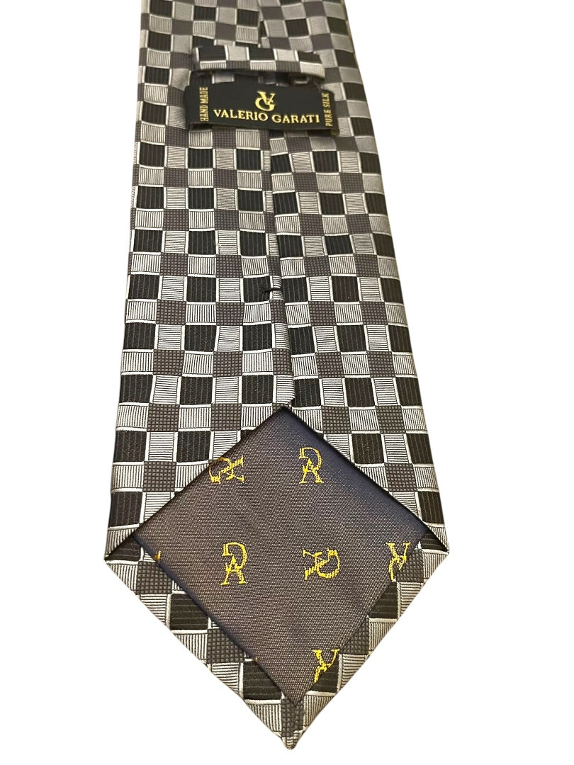 Valerio Garati Pure Silk Hand Made Square Pattern Tie Mens Necktie Black Gray