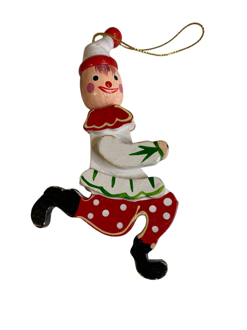 Vintage Wooden Christmas Ornament Running Jester Clown 4.75"