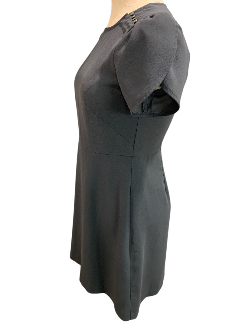 Size 2P Loft Petites Charcoal Gray A-Line Dress Button Embellished Shoulder