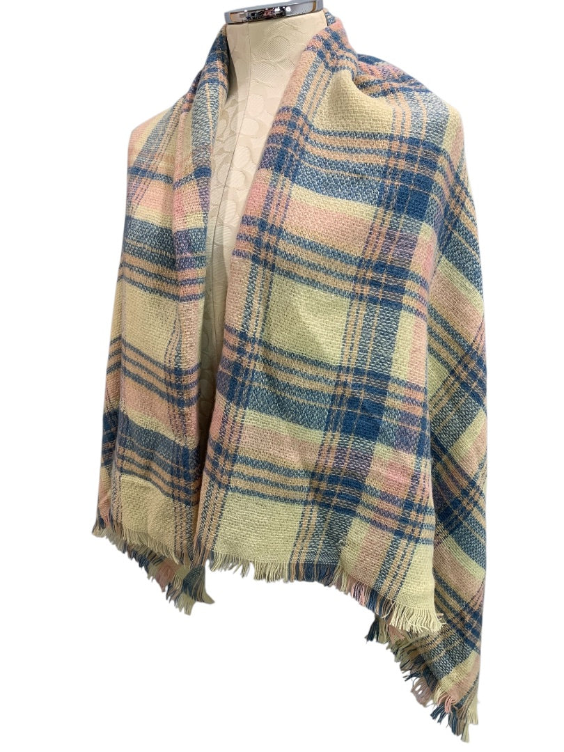 Soft Pastel Plaid Shawl Fringed 56" Square Wrap