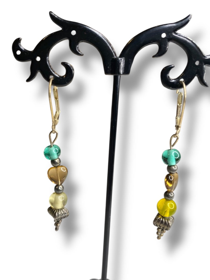 Goldtone Leverback Pierced Earrings 2.25" Beaded Drop Multicolor