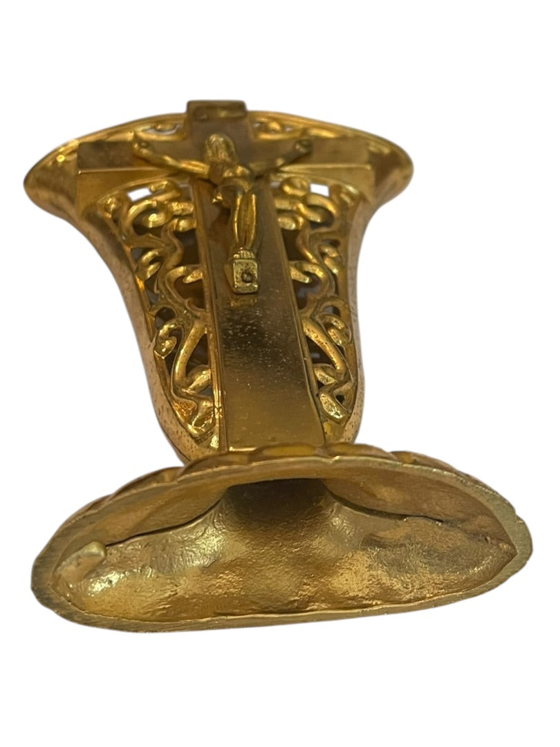 Goldtone Crucifix Vase Decor Scrolled Open 5.5"h