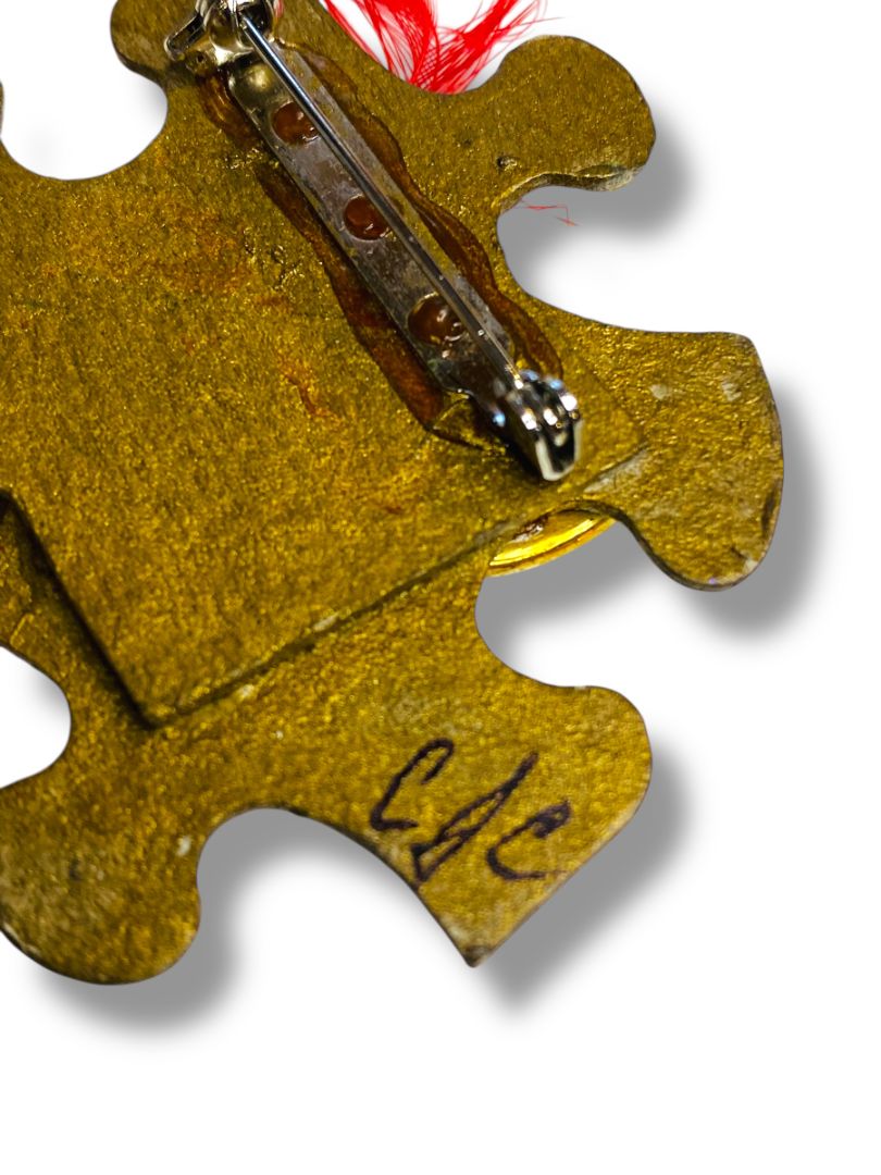 Signed Handcrafted Puzzle Piece Brooch Pin Red Goldtone 2"