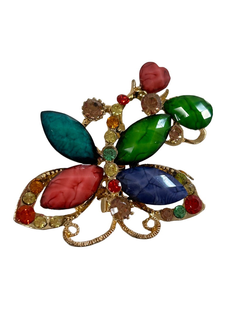 Ornate Multicolor Goldtone Crystal Embellished Butterfly Brooch Pin 1.5"