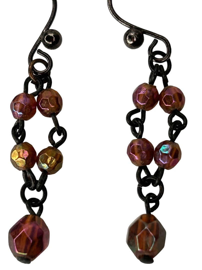 Purple Black 1.25" Beaded Earrings Hook Pierced 1.25" Drop Dangle