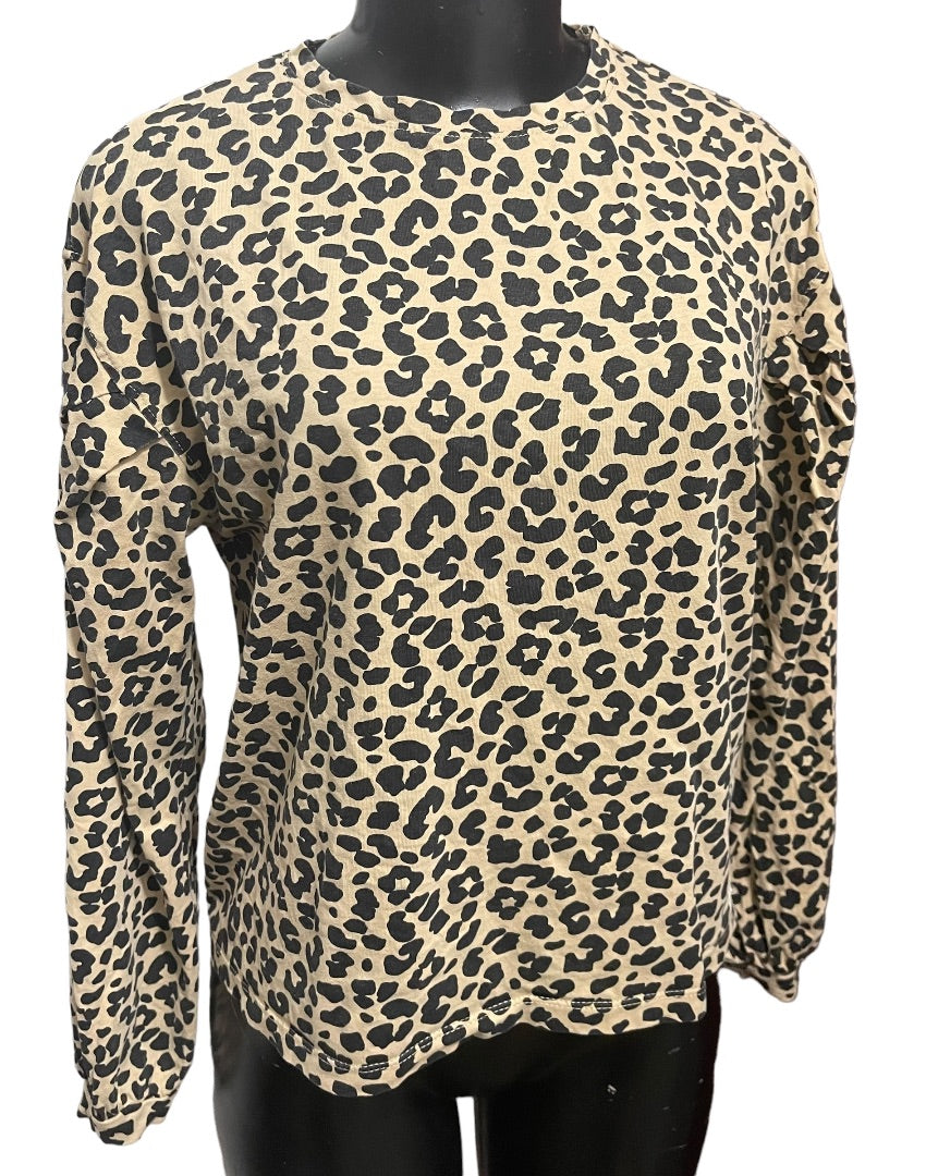 13-14 Zara Girls Crew Neck Long Sleeve Animal Print Cotton Girls Shirt Brown