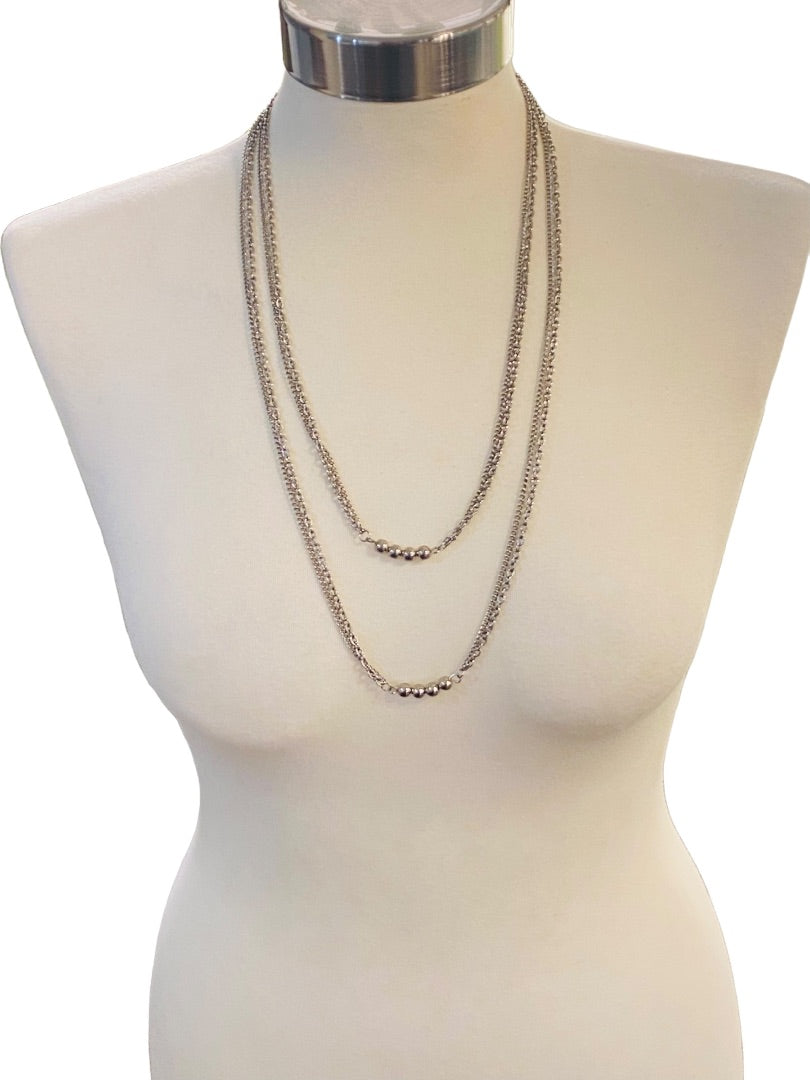 Silvertone Dual Strand 56" Necklace Spring Clasp Beads Can be Looped Layered