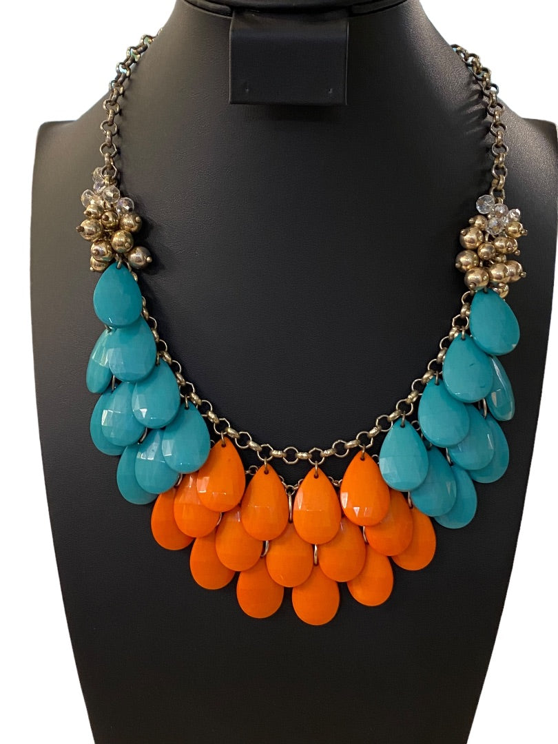 Statement Necklace Teal Coral Goldtone Funky Lays Flat Faceted Acrylic Beads