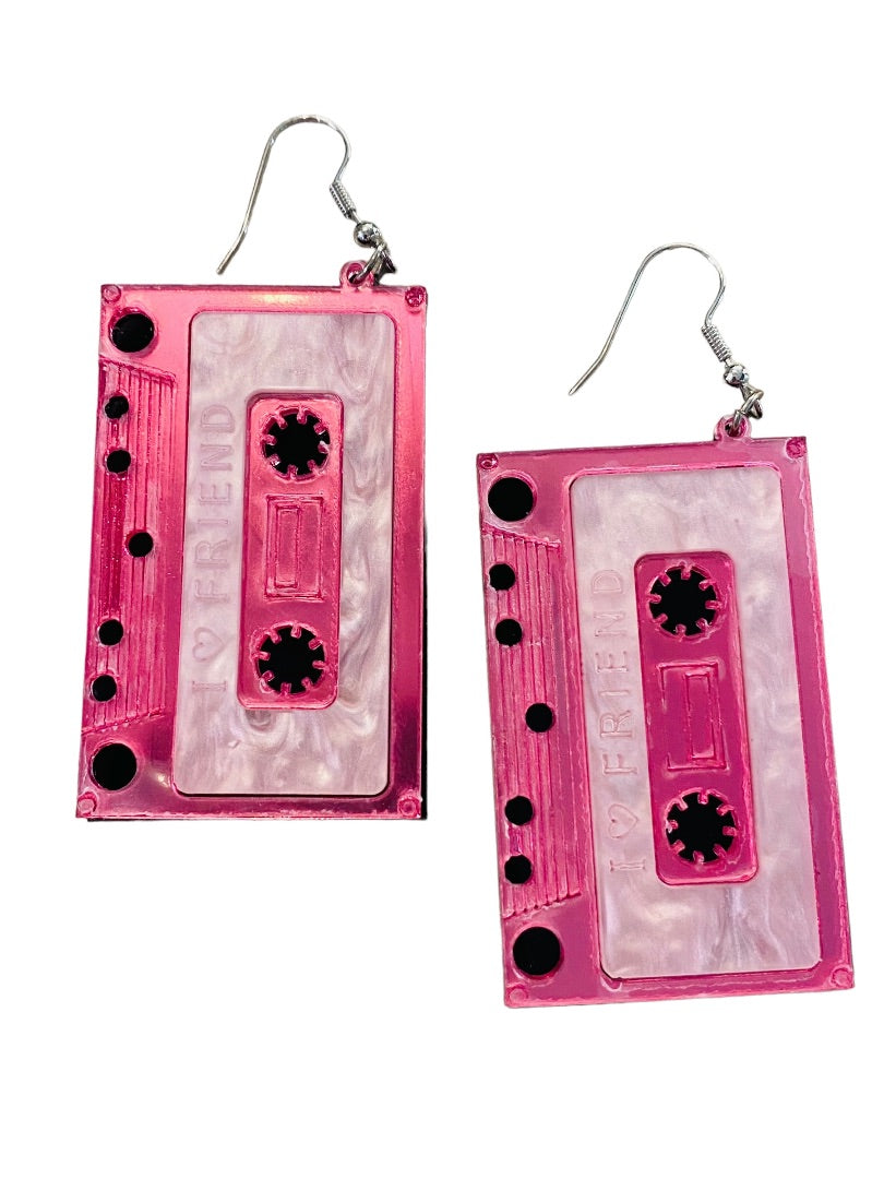 Retro 1980s Cassette Tape Pink Earrings Plastic Wire Hook 3" Drop Dangle