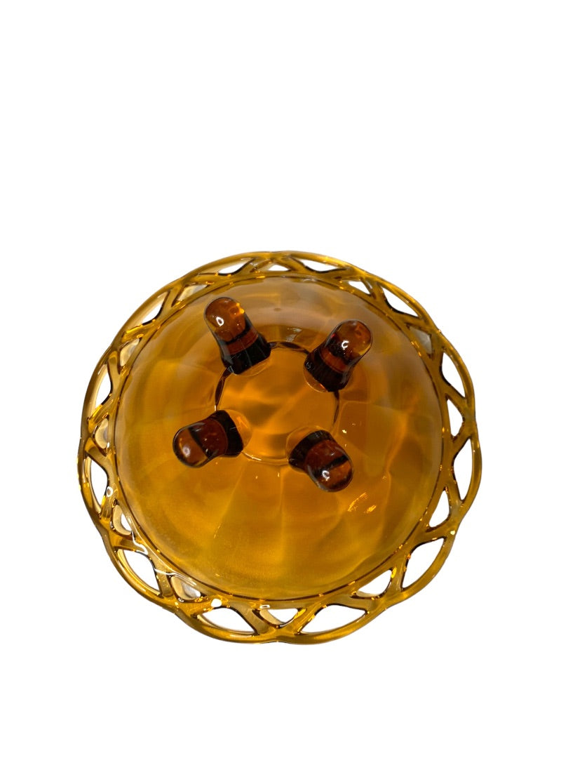 Pitman Dreitzer Lancaster Colony 1960s Amber Three Footed Glass Bowl 7.5"