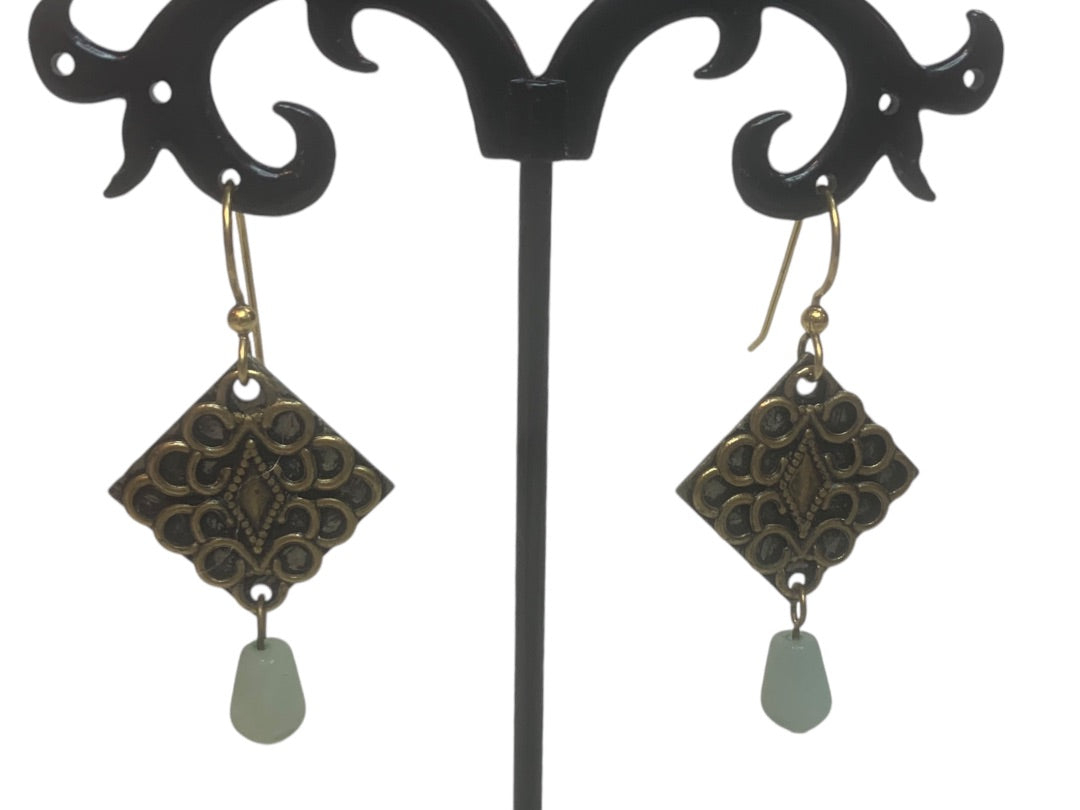Vintage Antiqued Goldtone Hook Pierced Earrings Green Glass 2.7" Drop Dangle