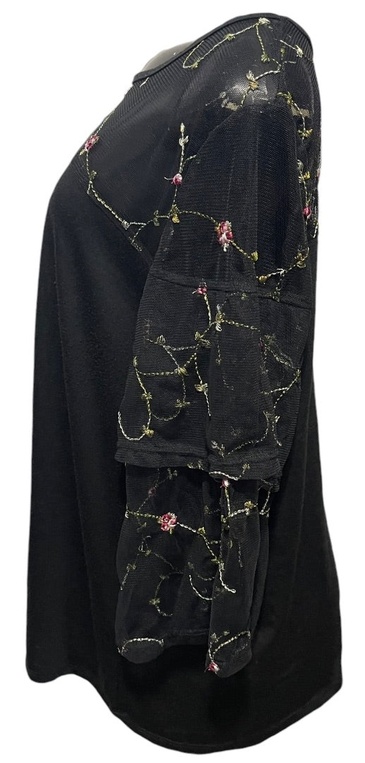 1X Ultra Teeze Womens Black Mesh Yoke Sleeve Embroidered Shirt