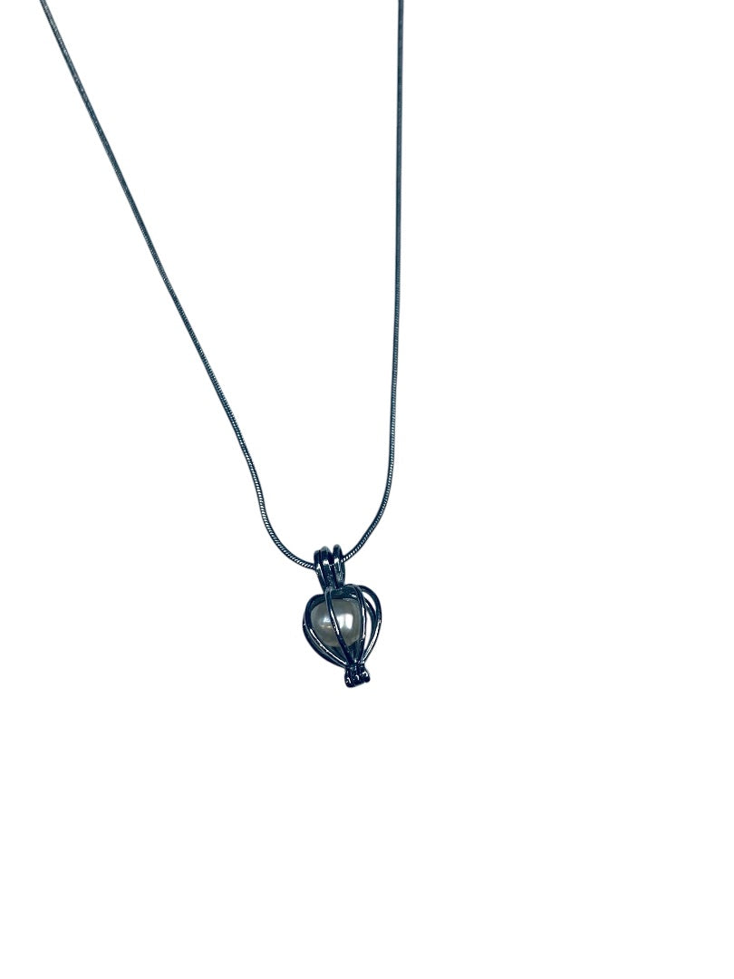 Vintage Caged Pearl Pendant Necklace Silvertone Snake Chain 16.5-17.5 Inches