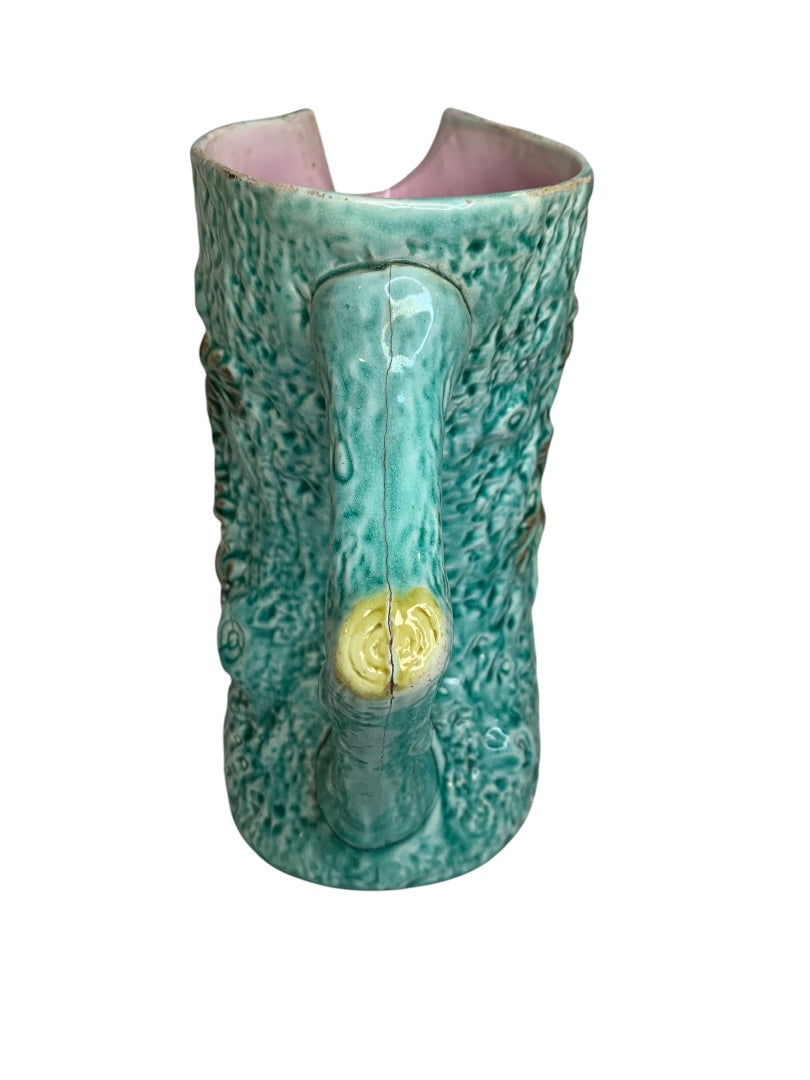 Antique Majolica Turquoise Adirondak Tree Trunk Pitcher Missing Spout