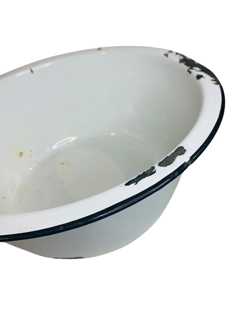 Vintage 14 Inch Round Enamelware Black White Tub