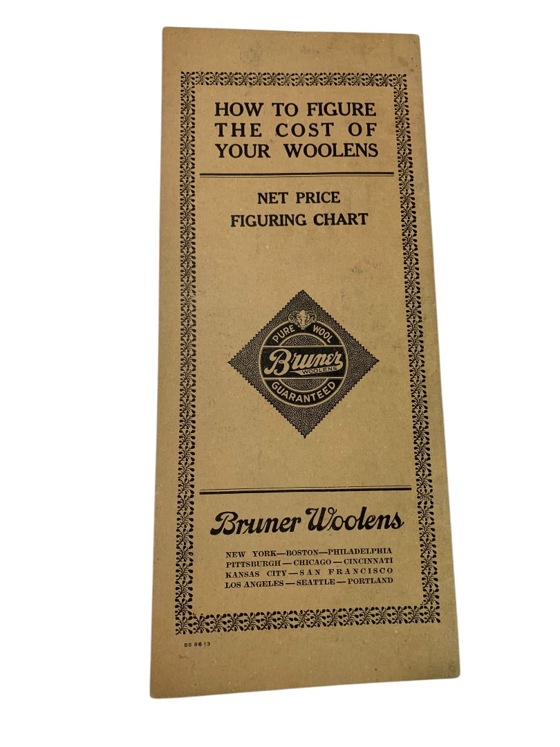 Vintage Bruner Woolens Net Price Figuring Chart with Telegraphing Instructions