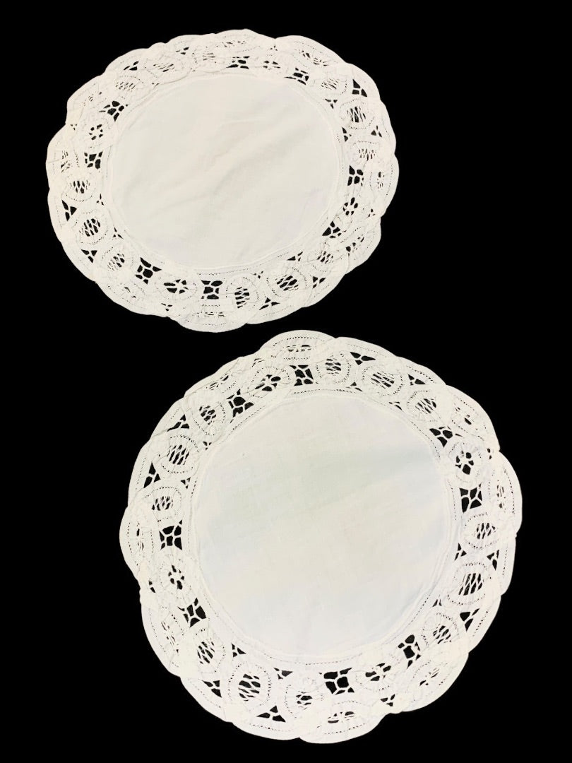 Set of 2 Vintage Fabric Doily White Lace Trim 9 Inch Diameter