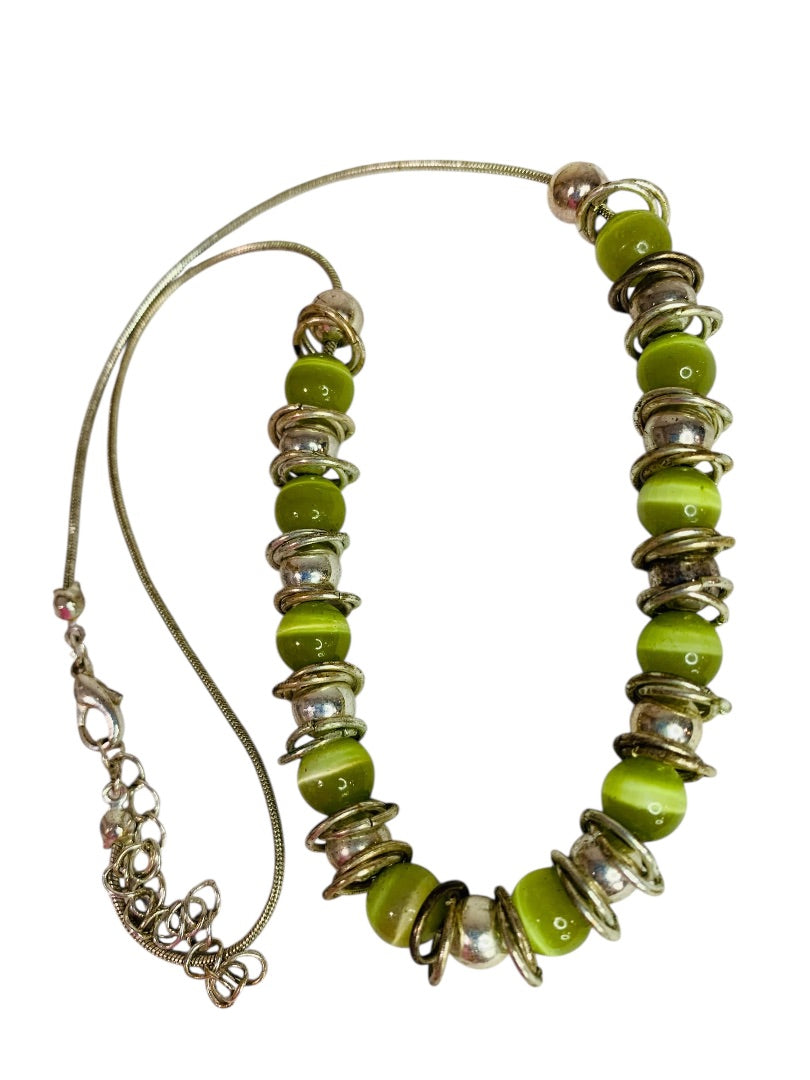 Silvertone and Green Beaded Necklace Snake Chain 17-22 Inch Lobster Clasp