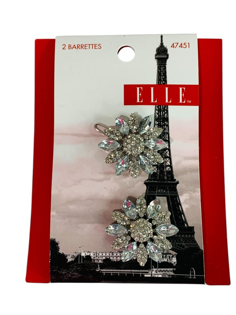 New Elle Rhinestone Silvertone Flower 2 Barrettes 47451 1.25 Inch Formal