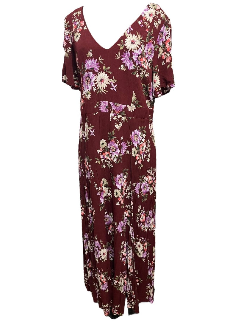 2X Torrid Floral Gauze Maxi Dress V-Neck Tie Back Merlot