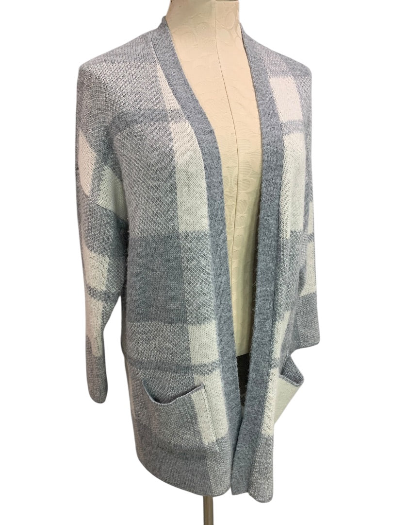 XS American Eagle Womens Open Cardigan Sweater Long Pockets Gray Plaid Wool Blend