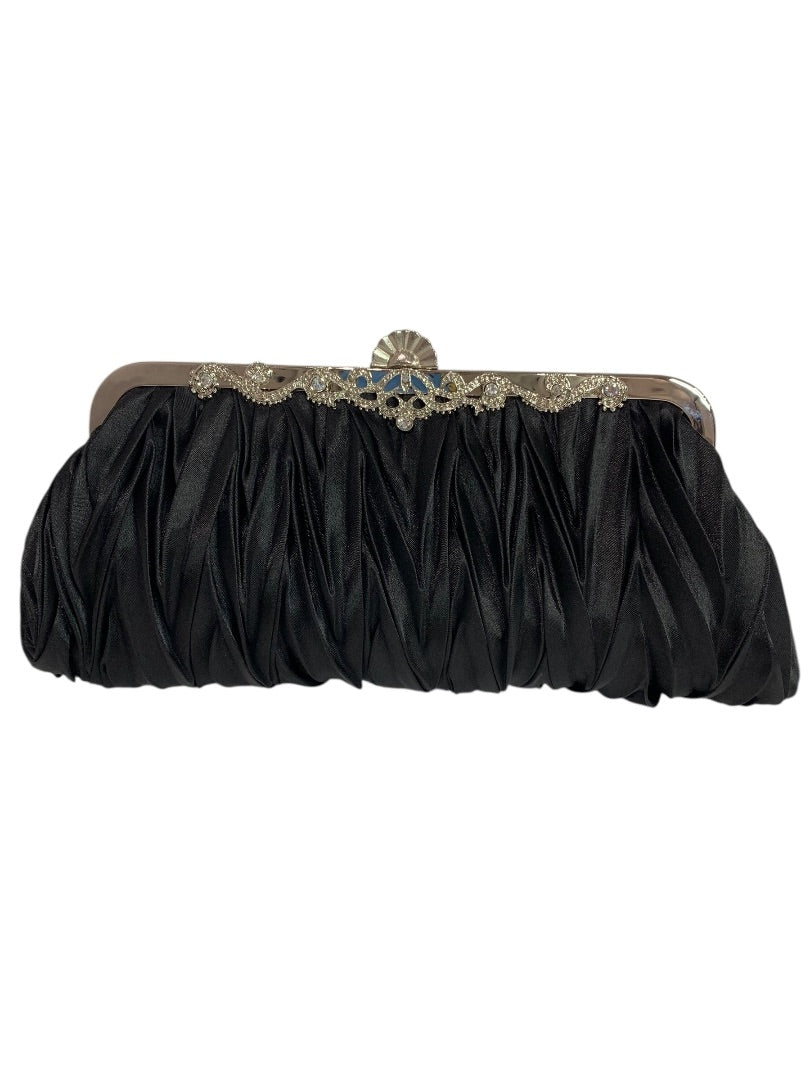 Black Satin Silvertone Hardware Evening Clutch Bag Shoulder Strap Chain