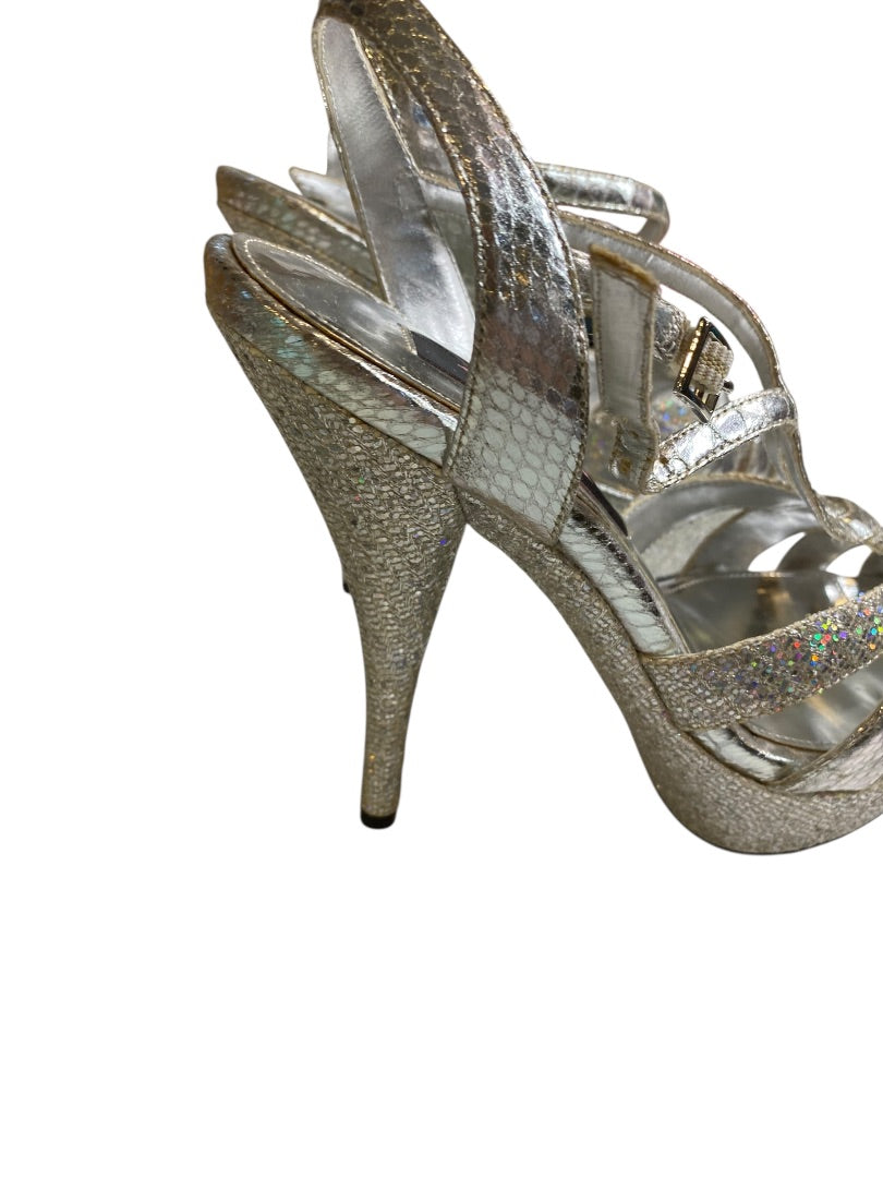 Size 7.5 Nina Womens Silver Sandal Stiletto 4.5 Inch Heels Sparkle