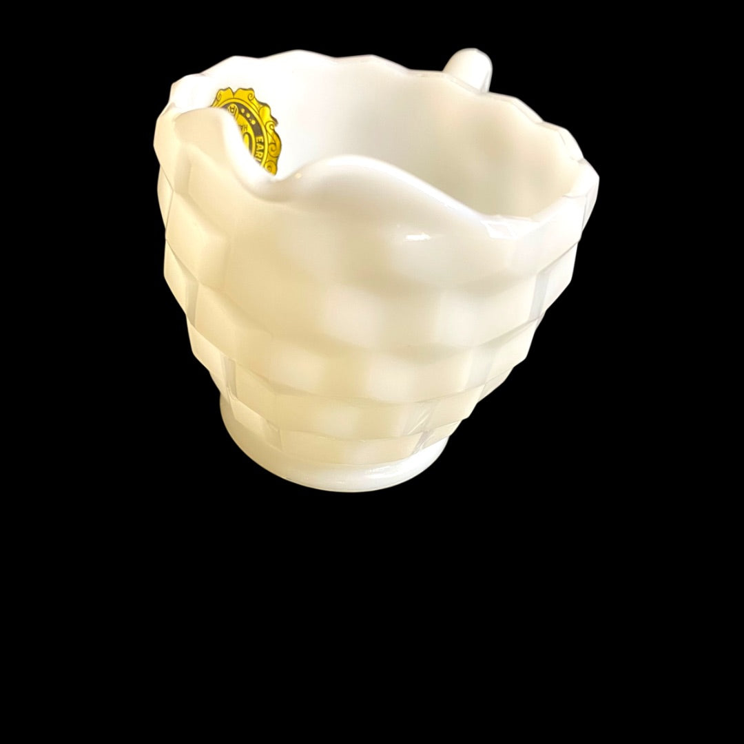 Hazel-Atlas Opaque Milk Glass Creamer with Sticker Starburst Geometric Design