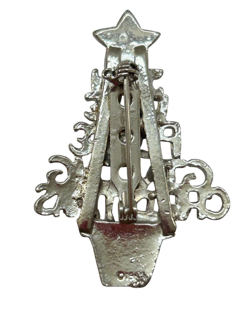 Vintage Silvertone Christmas Tree Brooch Pin 2" Joy Love Peace Giving